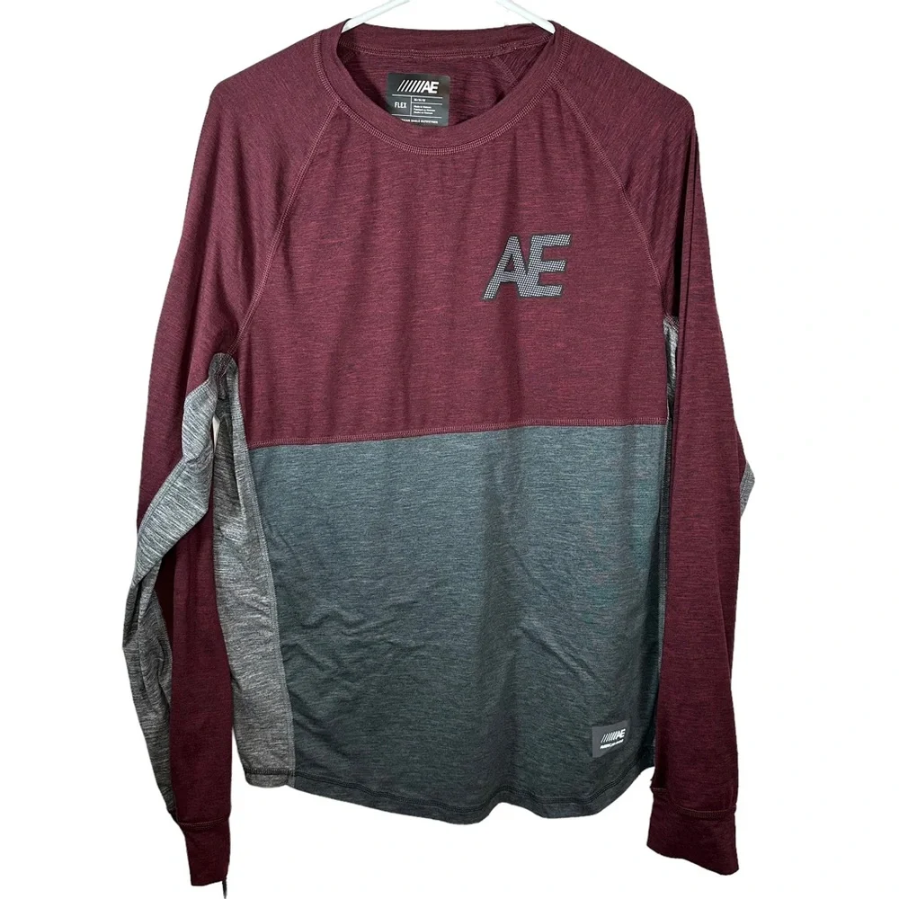 American Eagle Mens Flex Shirt Size MED Maroon Gray Active Stretch Long Sleeve - Picture 1 of 8